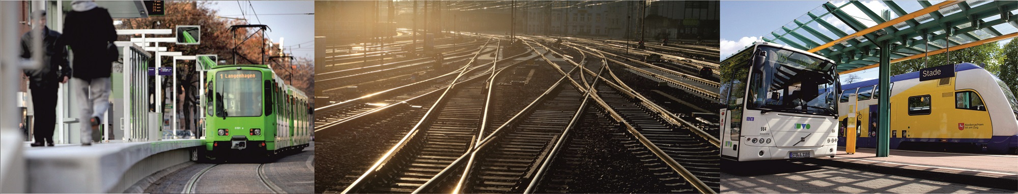 Aus drei Bildern zusammengesetztes Bild. Links grüne Üstra-Stadtbahn fährt in Haltestelle. In der Mitte Schienen mit Weichen und links die Station Stade mit einem gelb blauen Zug von start und einem weissen Bus 
